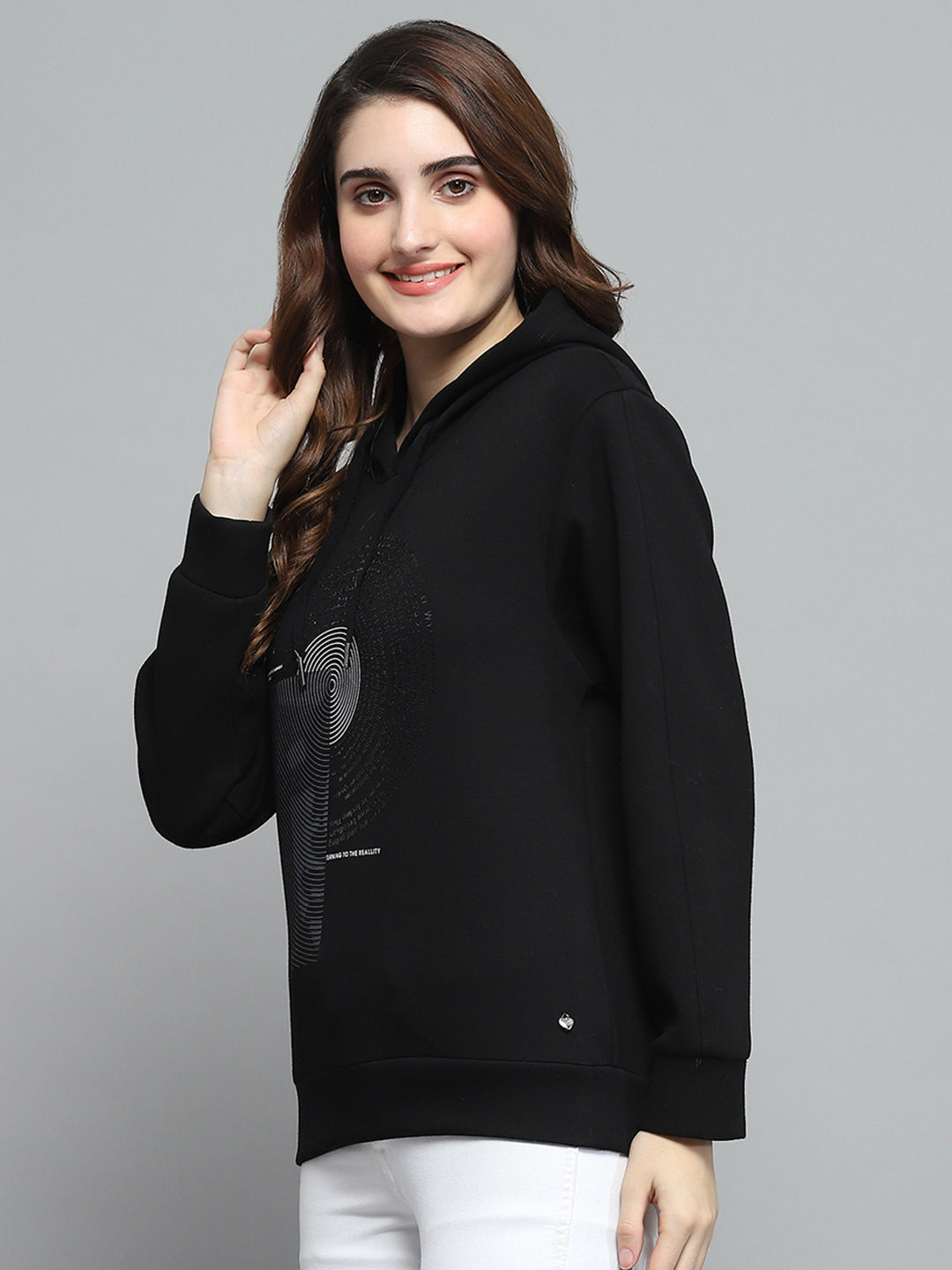 Women Black Printed Hooded Full Sleeve Sweatshirt