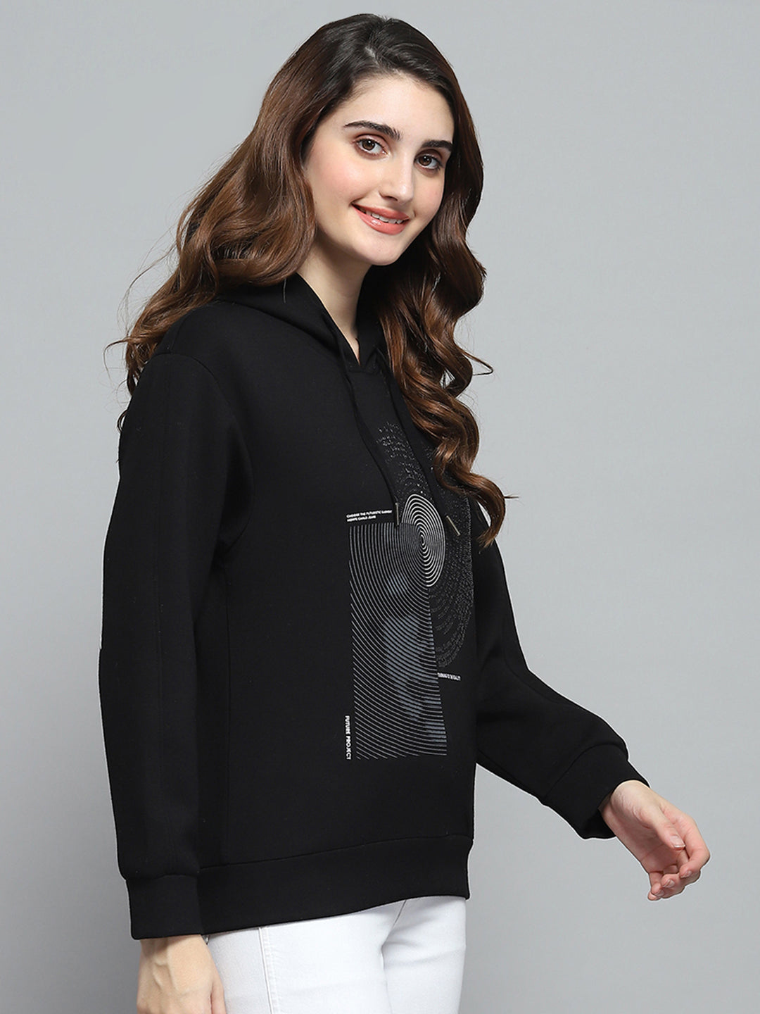 Women Black Printed Hooded Full Sleeve Sweatshirt