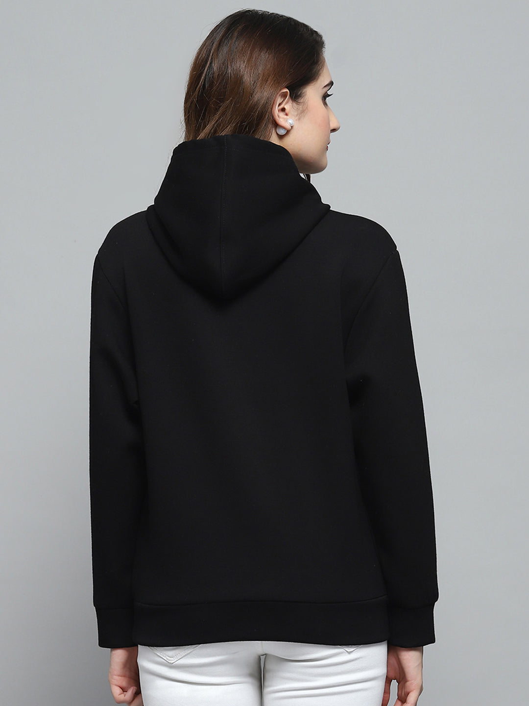 Women Black Printed Hooded Full Sleeve Sweatshirt