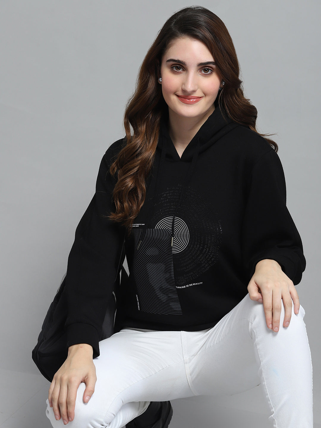 Women Black Printed Hooded Full Sleeve Sweatshirt