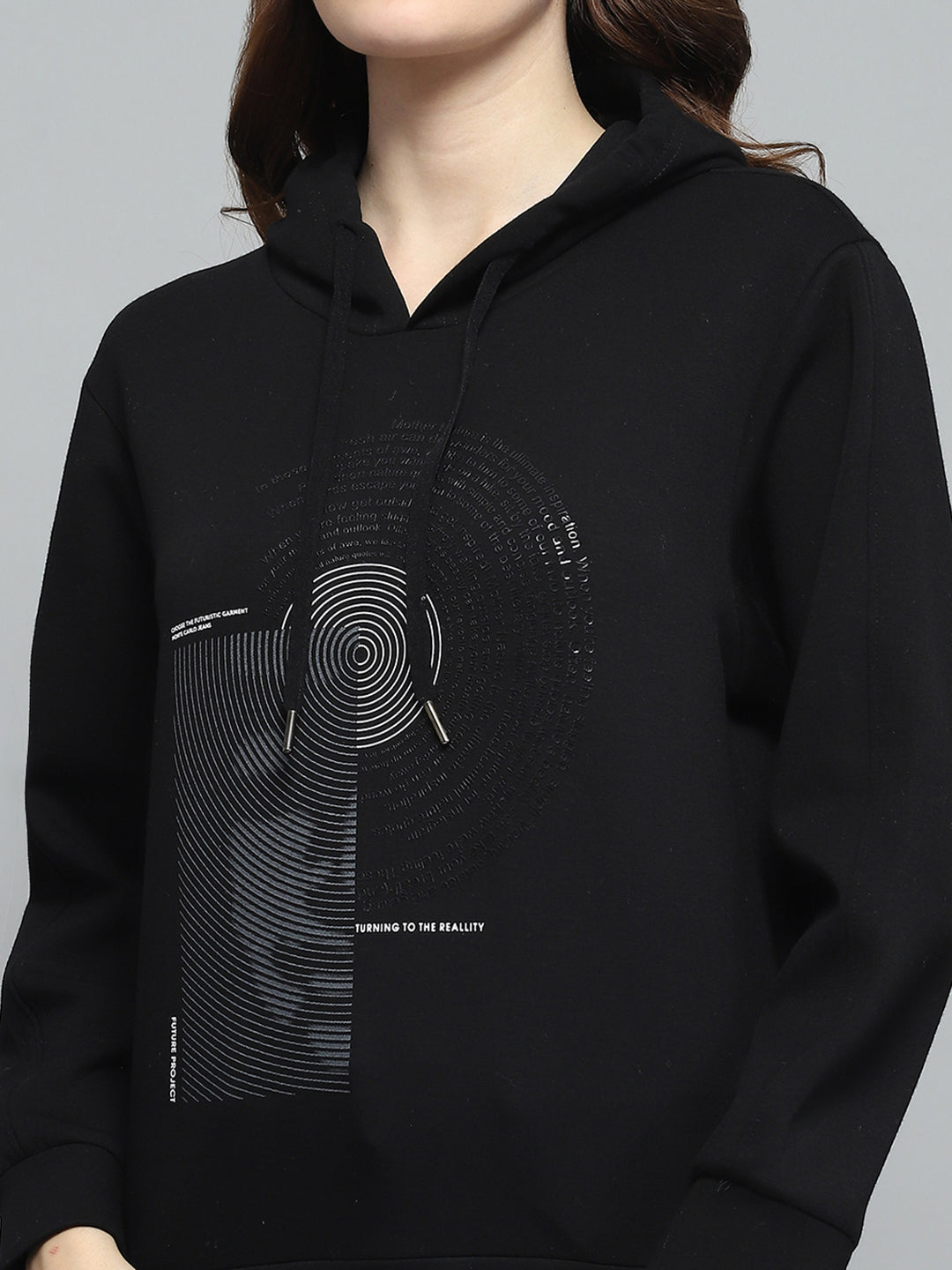 Women Black Printed Hooded Full Sleeve Sweatshirt