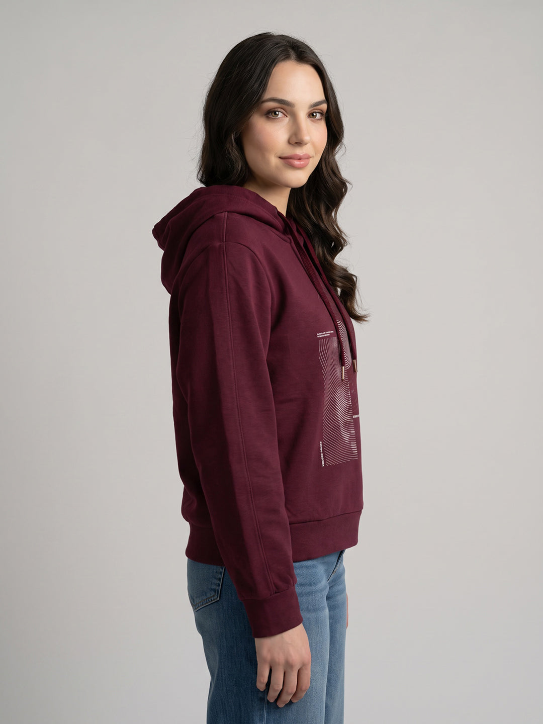 Women Maroon Self Design Hooded Full Sleeve Sweatshirt