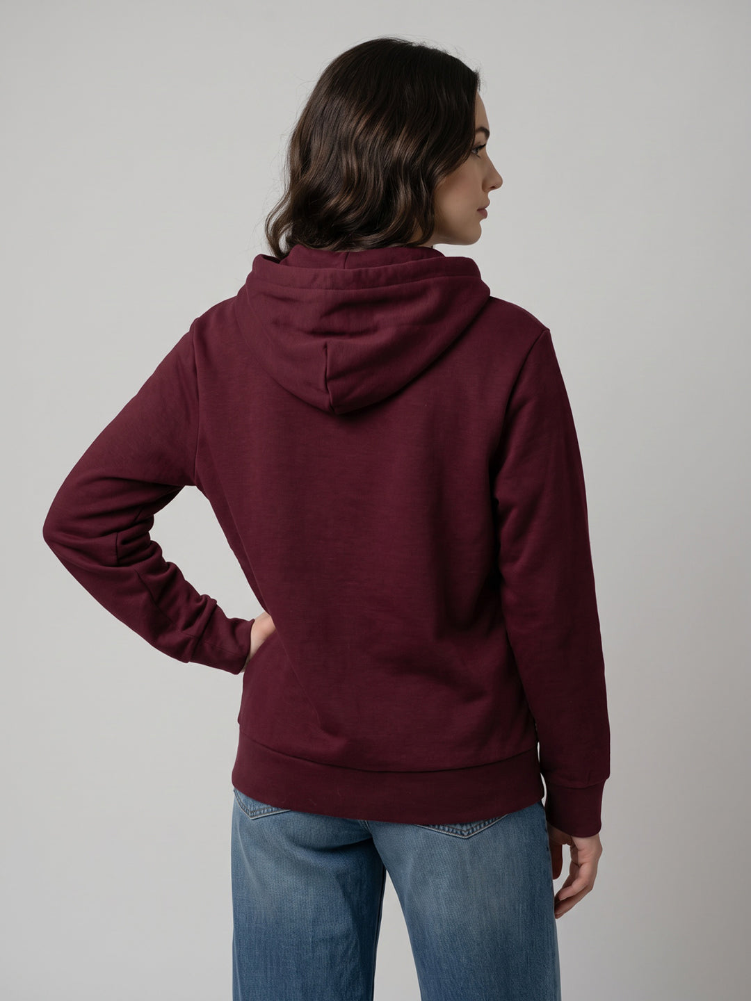 Women Maroon Self Design Hooded Full Sleeve Sweatshirt
