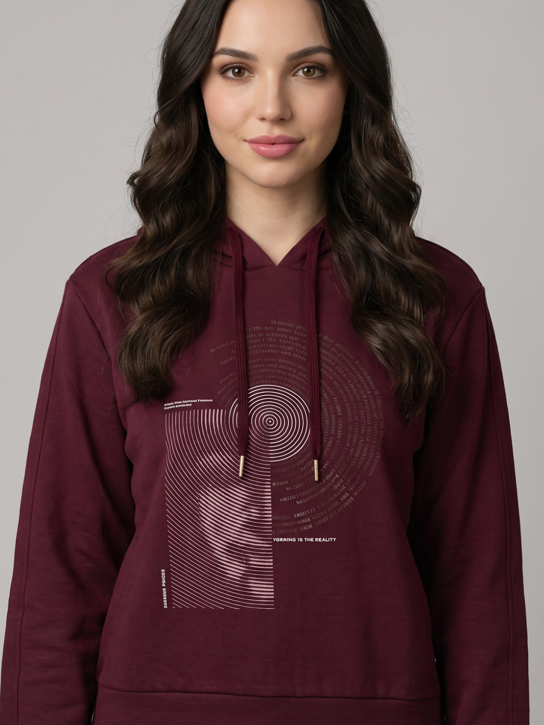 Women Maroon Self Design Hooded Full Sleeve Sweatshirt