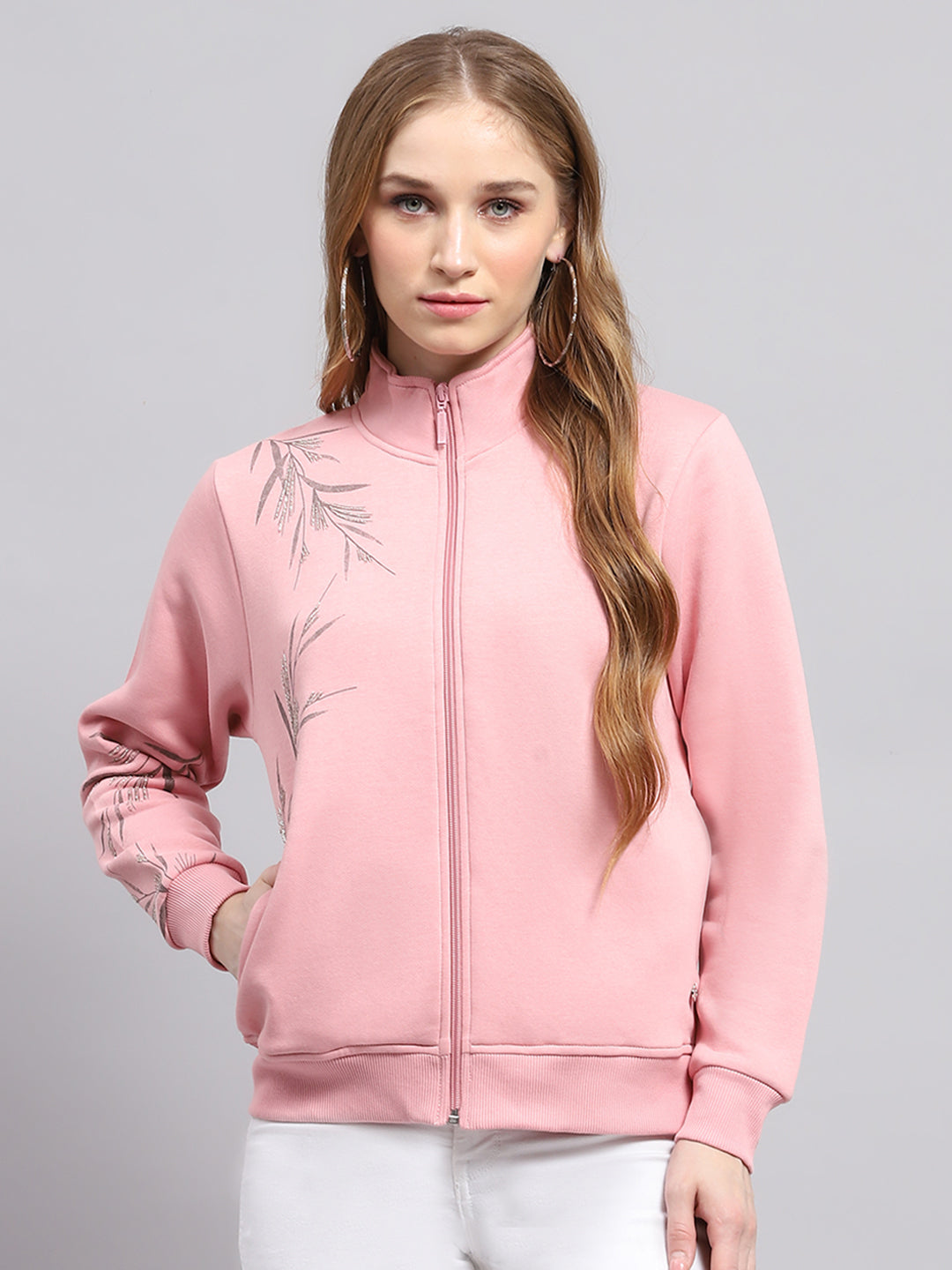 Women Pink Printed Mock Neck Full Sleeve Sweatshirt