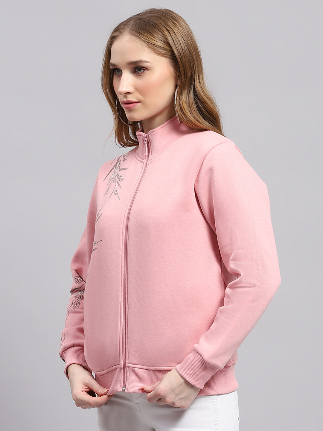 Women Pink Printed Mock Neck Full Sleeve Sweatshirt