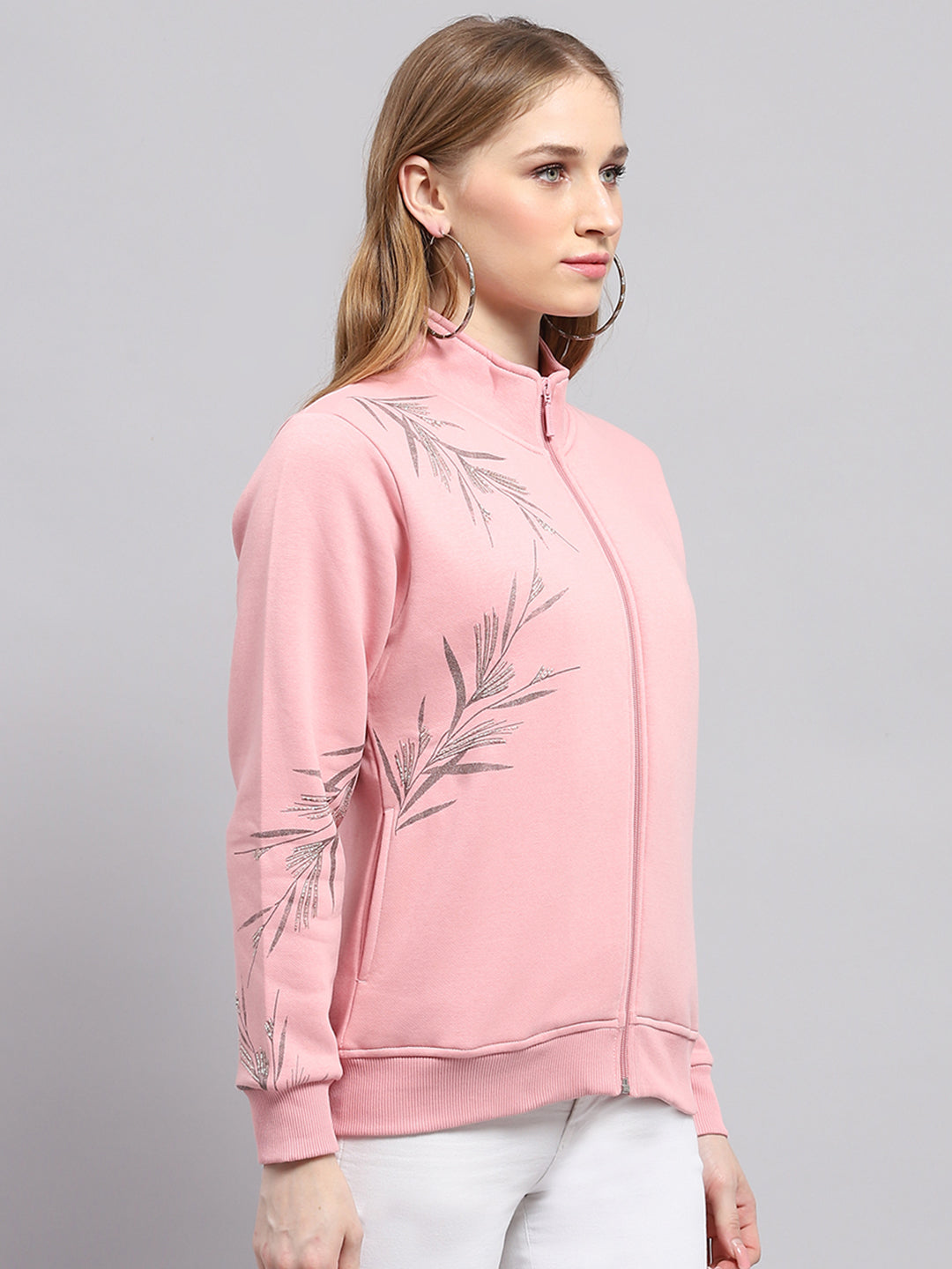 Women Pink Printed Mock Neck Full Sleeve Sweatshirt