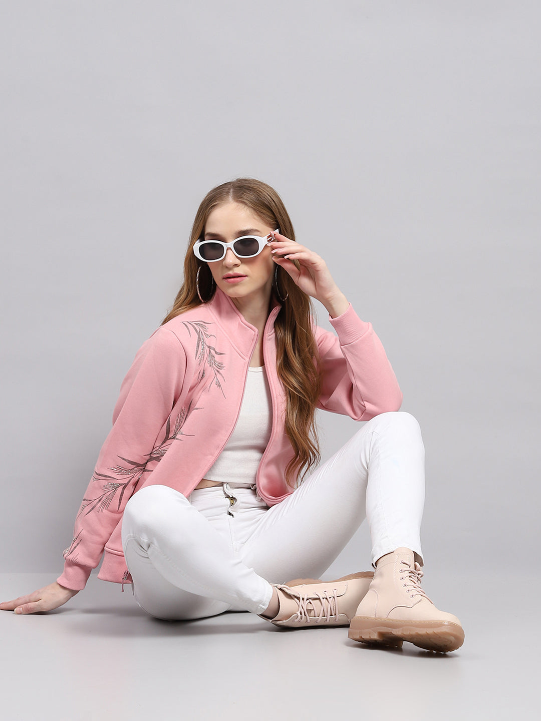 Women Pink Printed Mock Neck Full Sleeve Sweatshirt