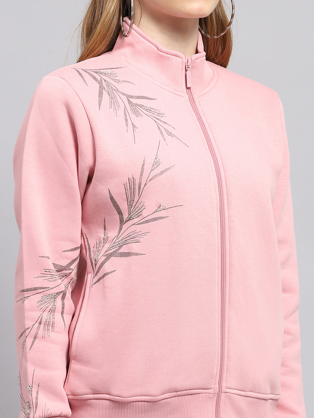 Women Pink Printed Mock Neck Full Sleeve Sweatshirt