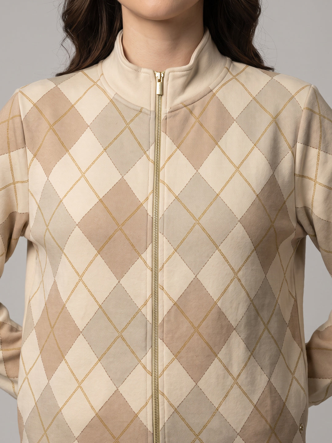 Women Cream Argyle Pattern Stand Collar Full Sleeve Sweatshirt