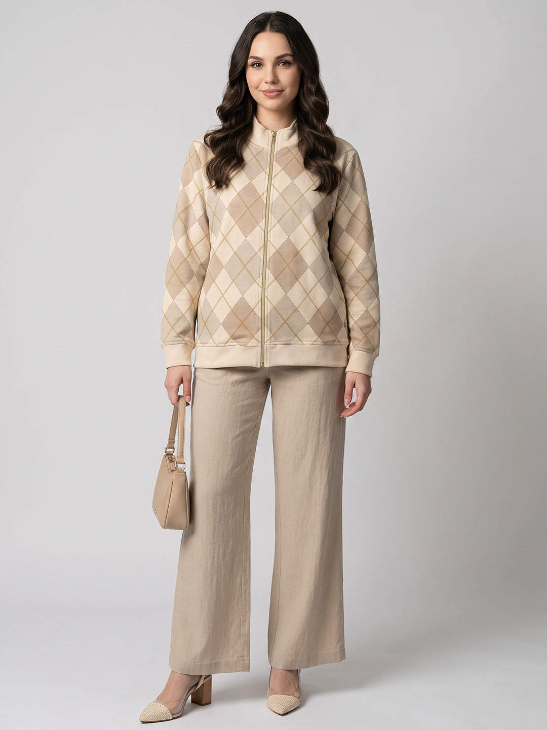 Women Cream Argyle Pattern Stand Collar Full Sleeve Sweatshirt