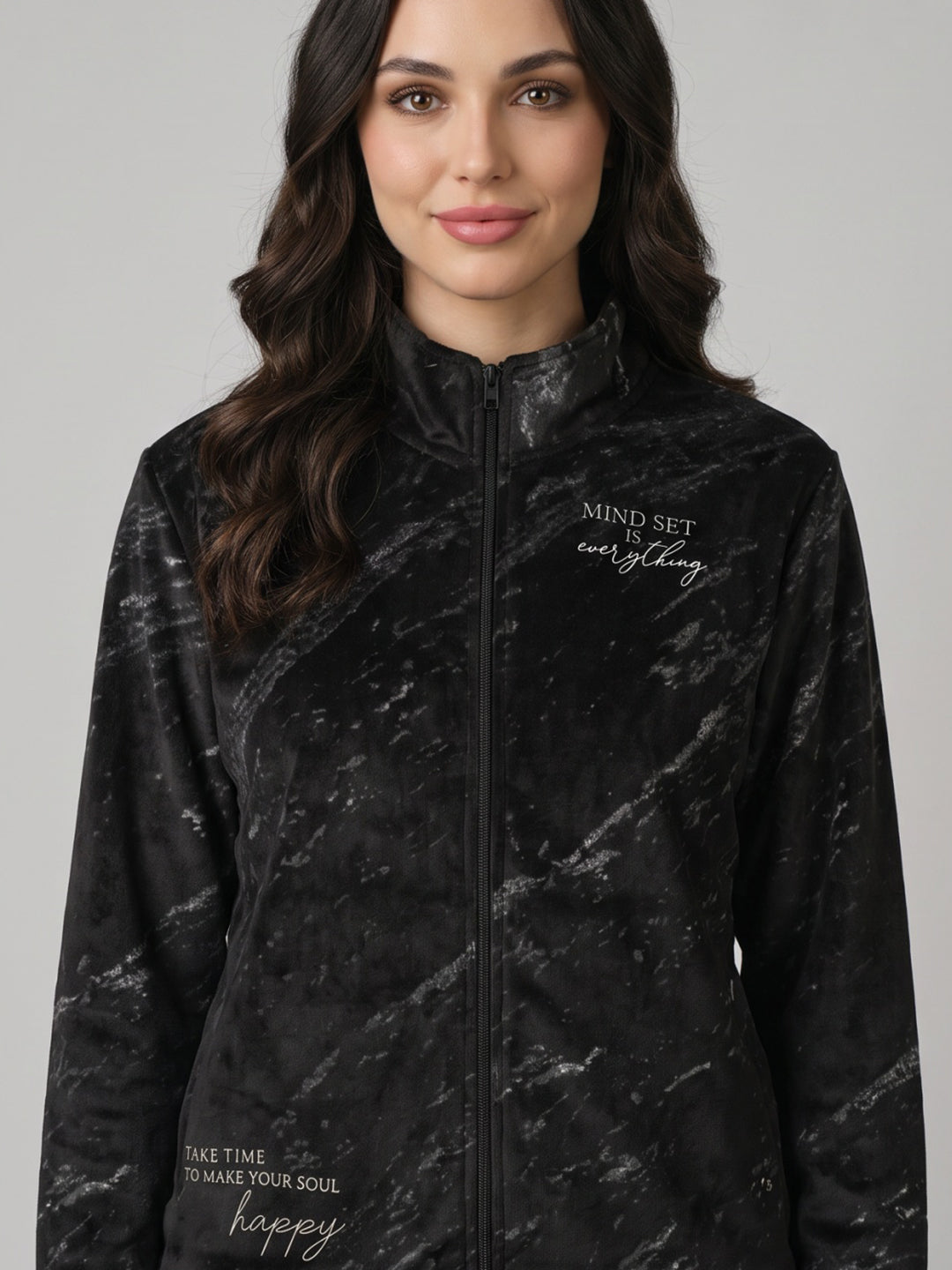 Women Black Printed Mandarin Collar Full Sleeve Sweatshirt