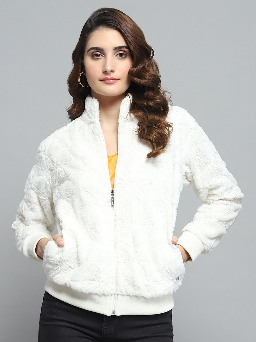 Women White Self Design Mock Neck Full Sleeve Sweatshirt