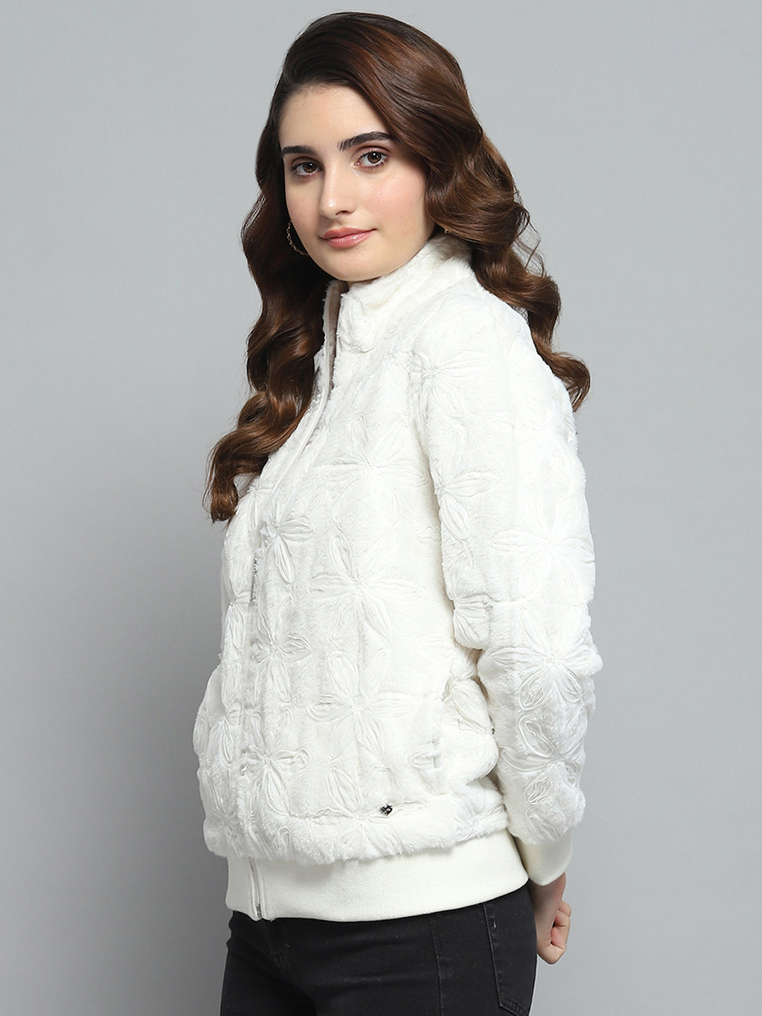 Women White Self Design Mock Neck Full Sleeve Sweatshirt