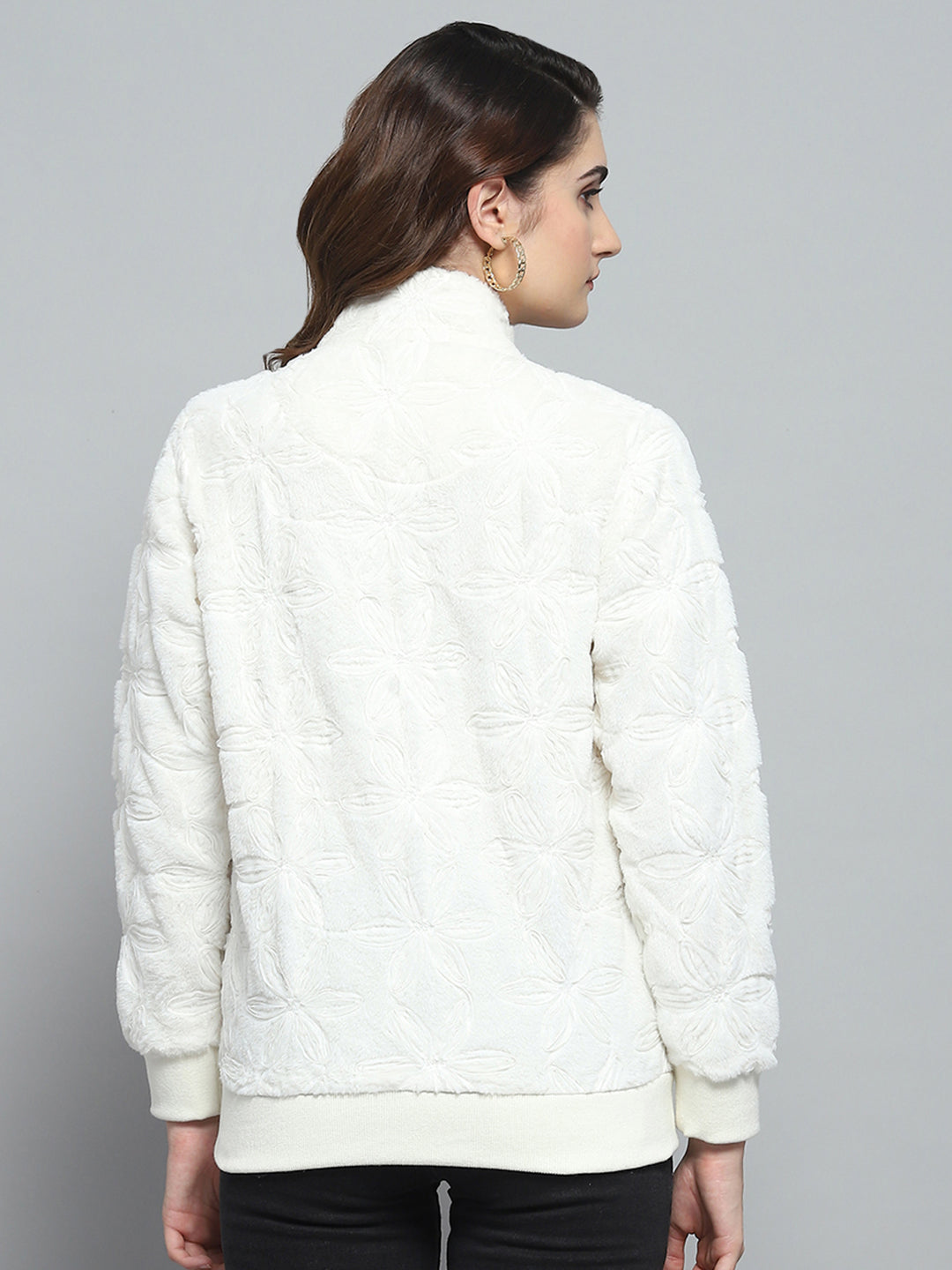 Women White Self Design Mock Neck Full Sleeve Sweatshirt