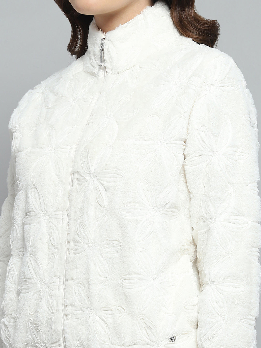 Women White Self Design Mock Neck Full Sleeve Sweatshirt