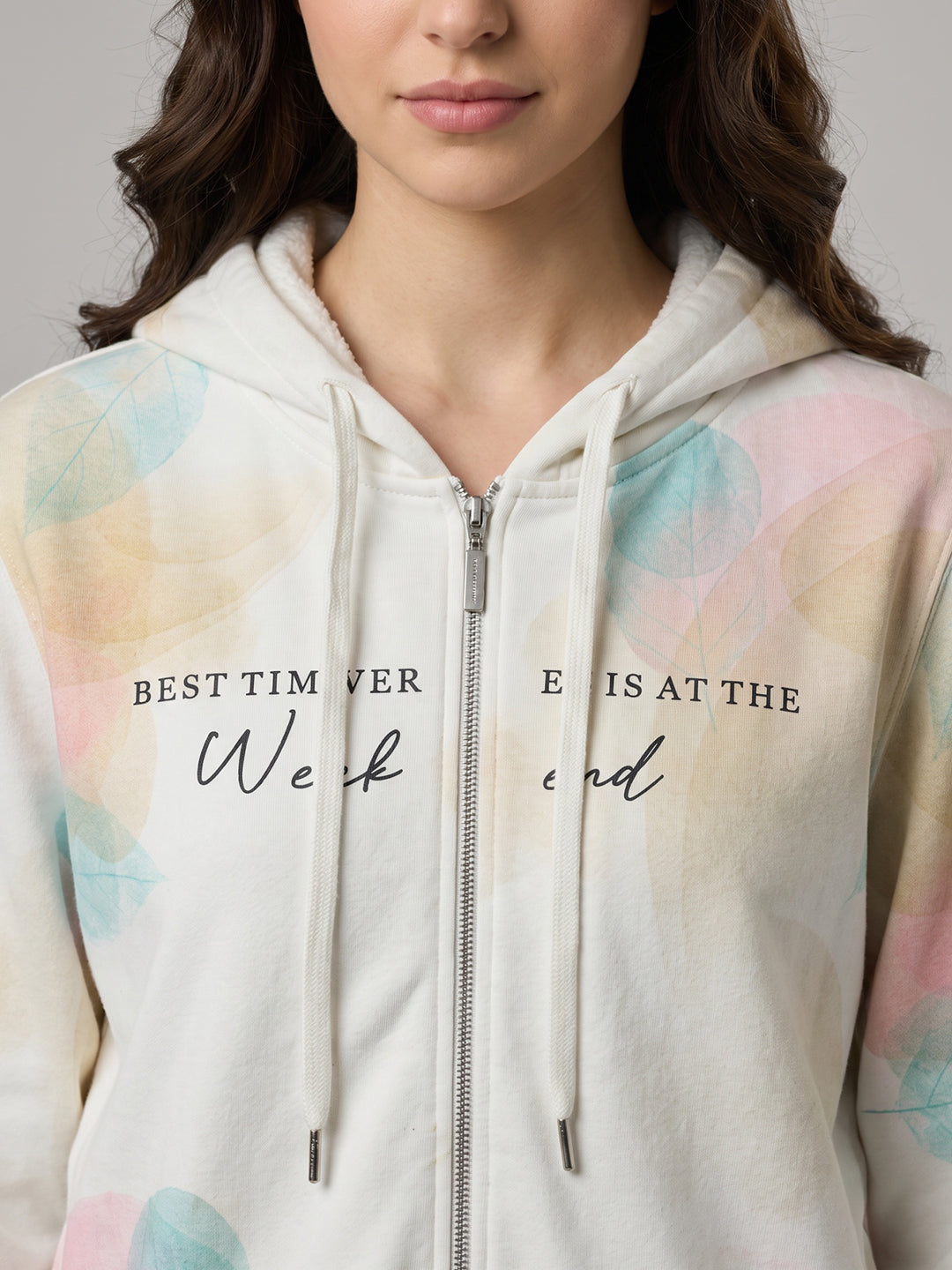 Women White Printed Hooded Full Sleeve Sweatshirt