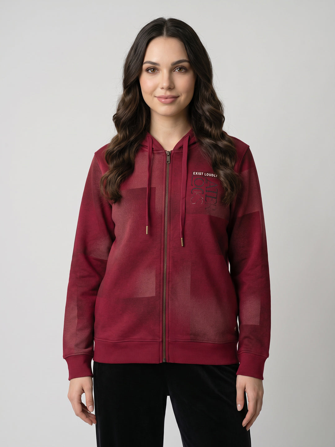 Women Maroon Self Design Hooded Full Sleeve Sweatshirt
