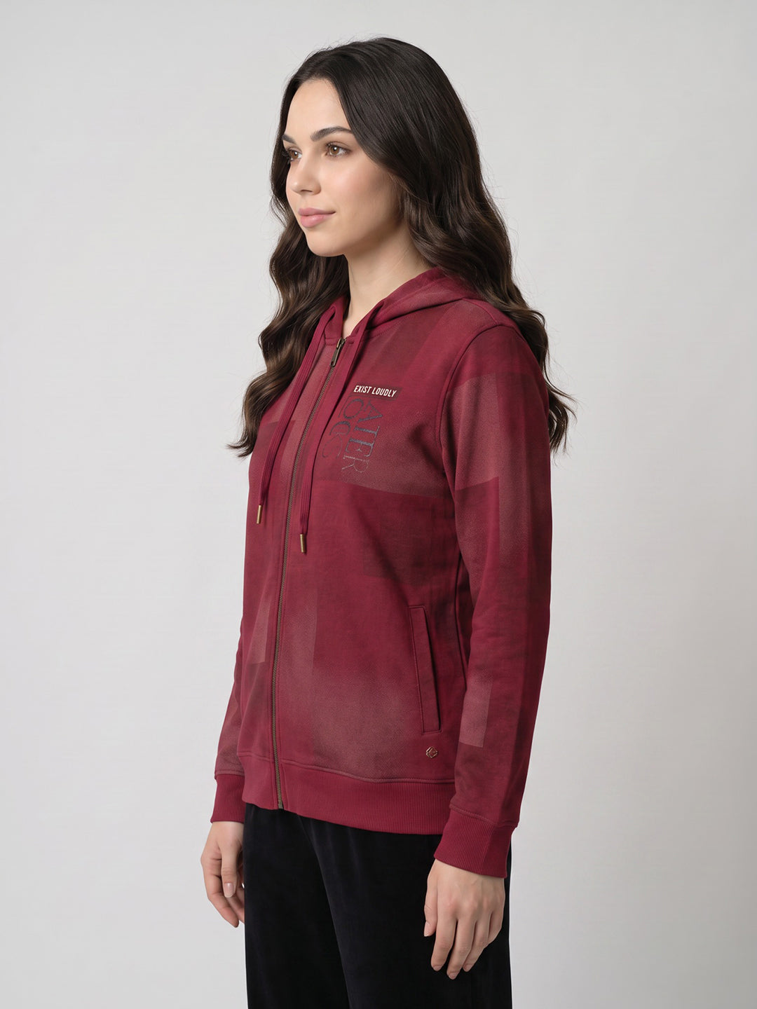 Women Maroon Self Design Hooded Full Sleeve Sweatshirt