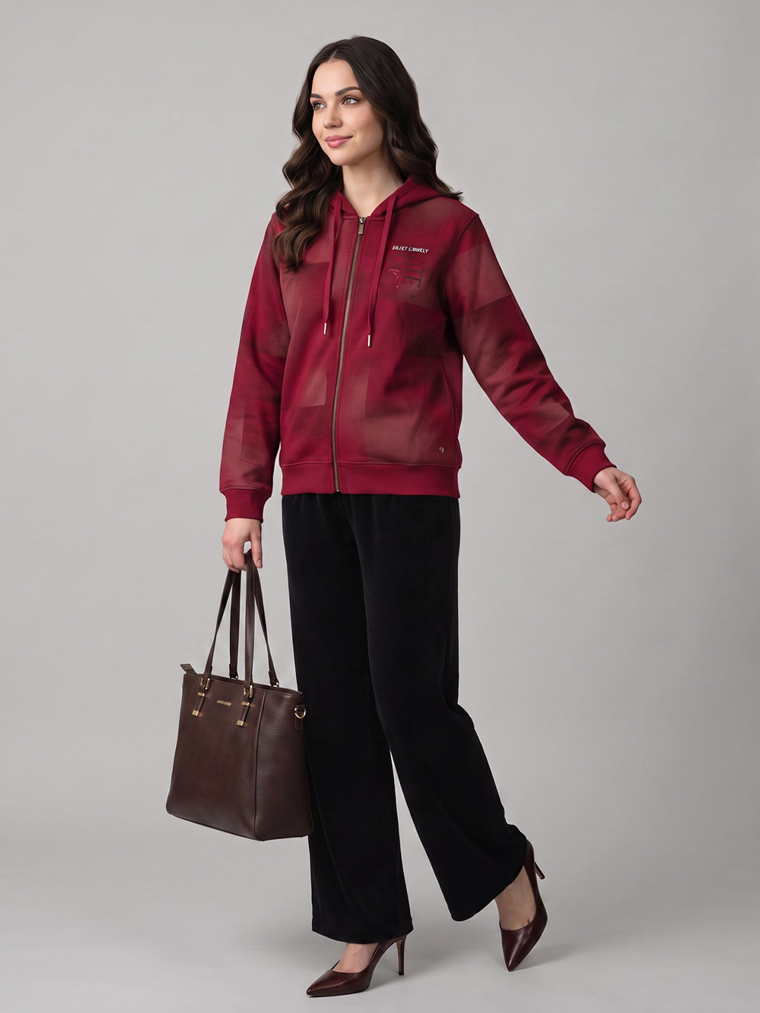 Women Maroon Self Design Hooded Full Sleeve Sweatshirt
