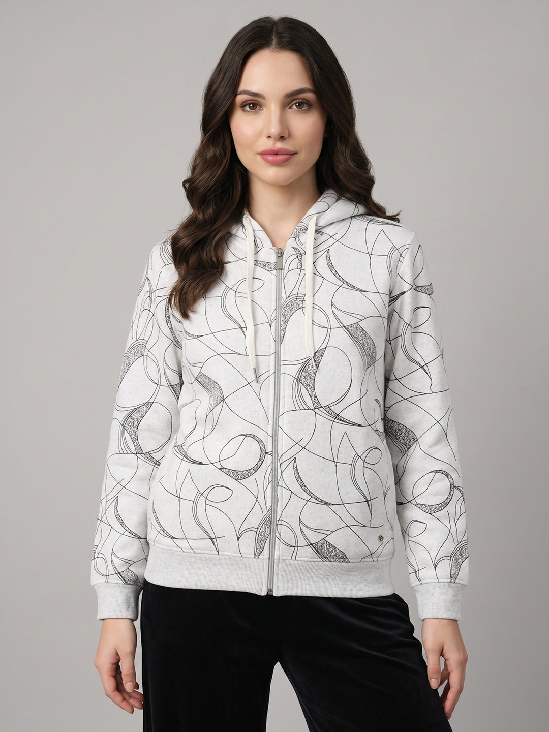 Women White Printed Hooded Full Sleeve Sweatshirt