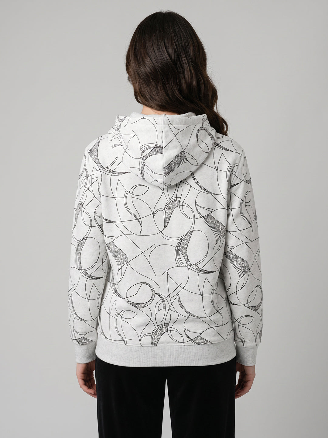 Women White Printed Hooded Full Sleeve Sweatshirt