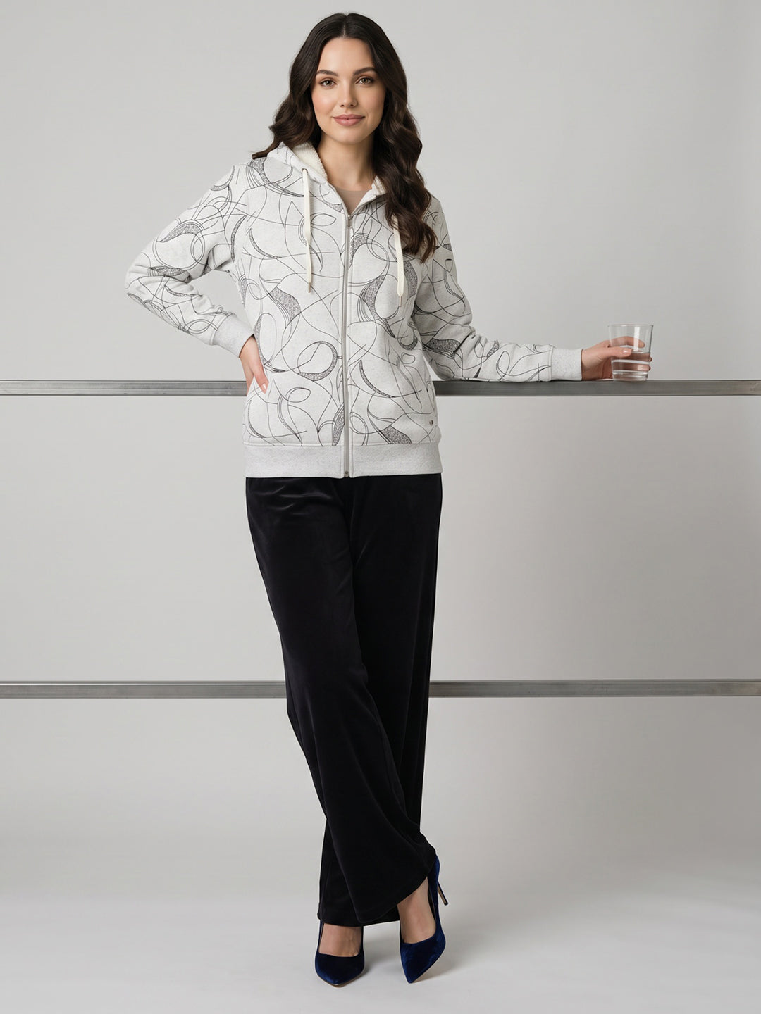 Women White Printed Hooded Full Sleeve Sweatshirt