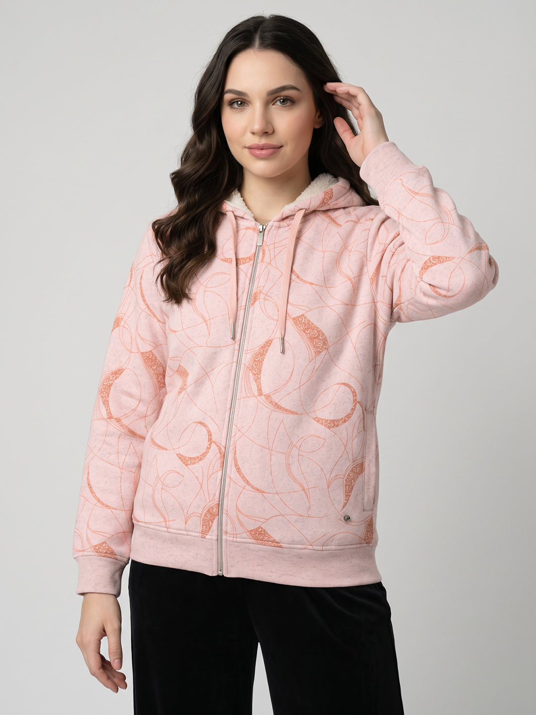 Women Pink Printed Hooded Full Sleeve Sweatshirt