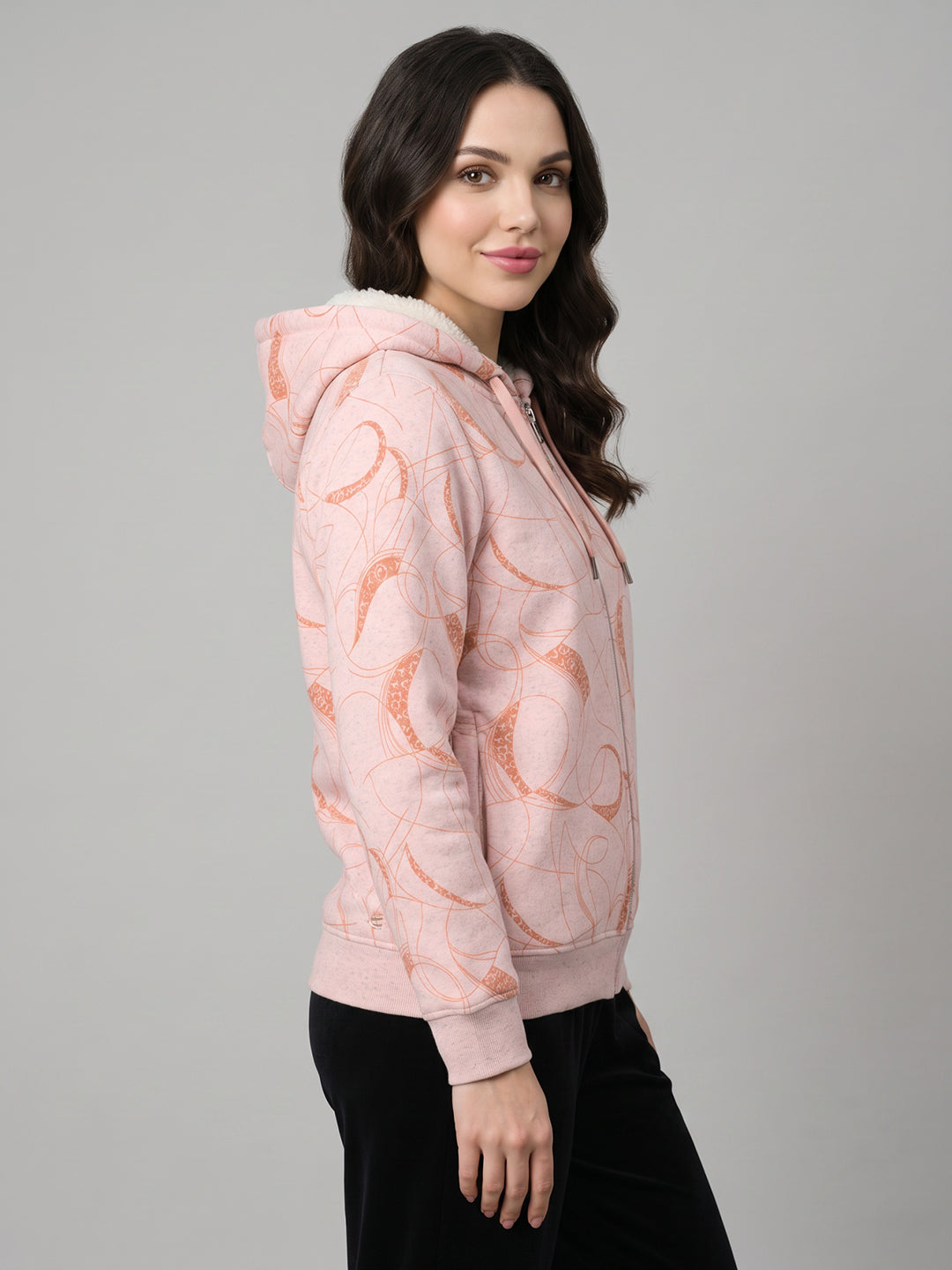 Women Pink Printed Hooded Full Sleeve Sweatshirt