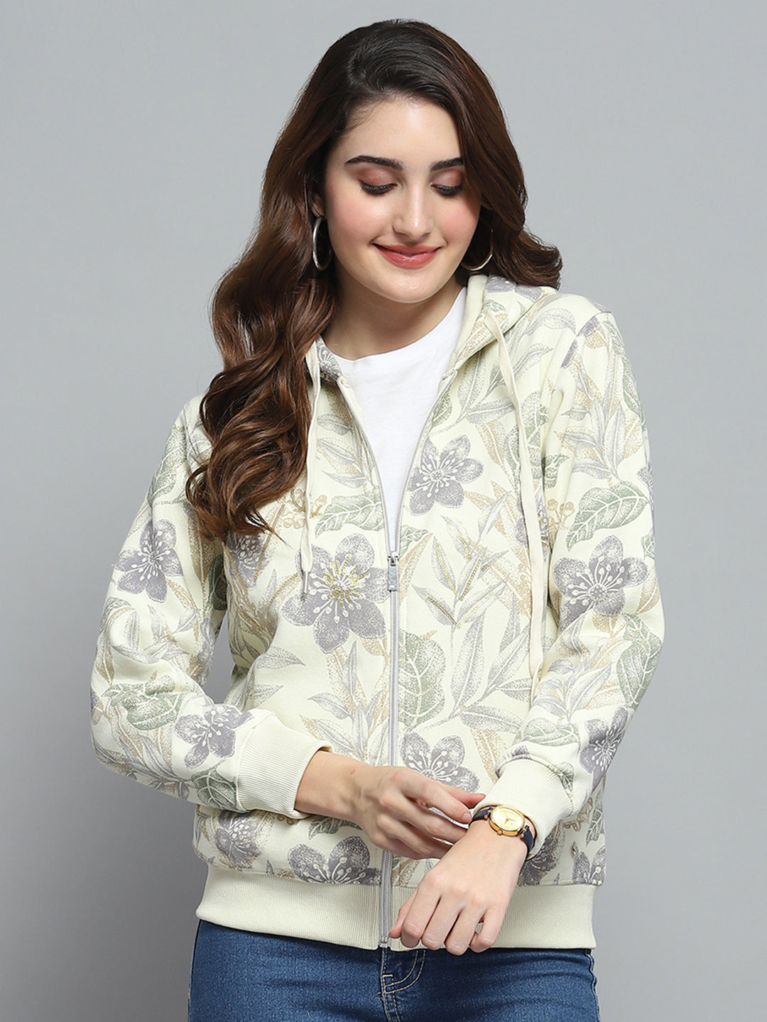 Women Cream Printed Hooded Full Sleeve Sweatshirt