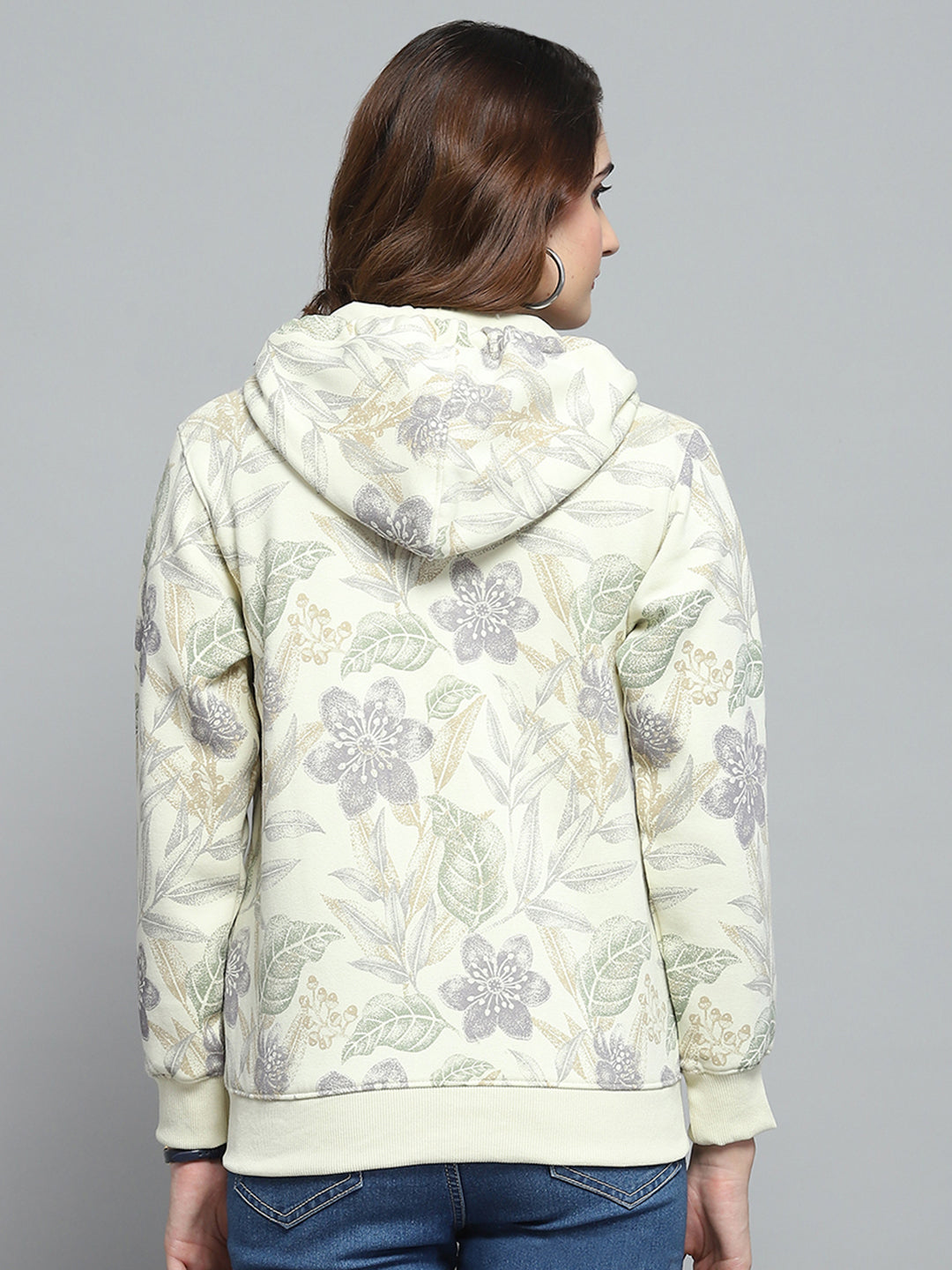 Women Cream Printed Hooded Full Sleeve Sweatshirt