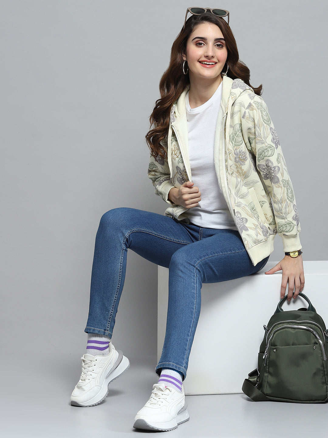 Women Cream Printed Hooded Full Sleeve Sweatshirt