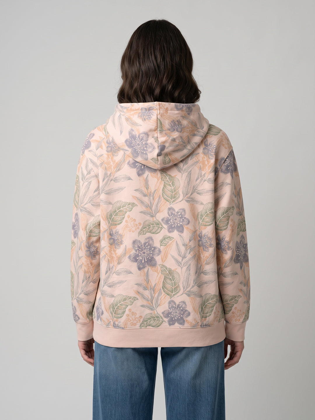 Women Peach Printed Hooded Full Sleeve Sweatshirt