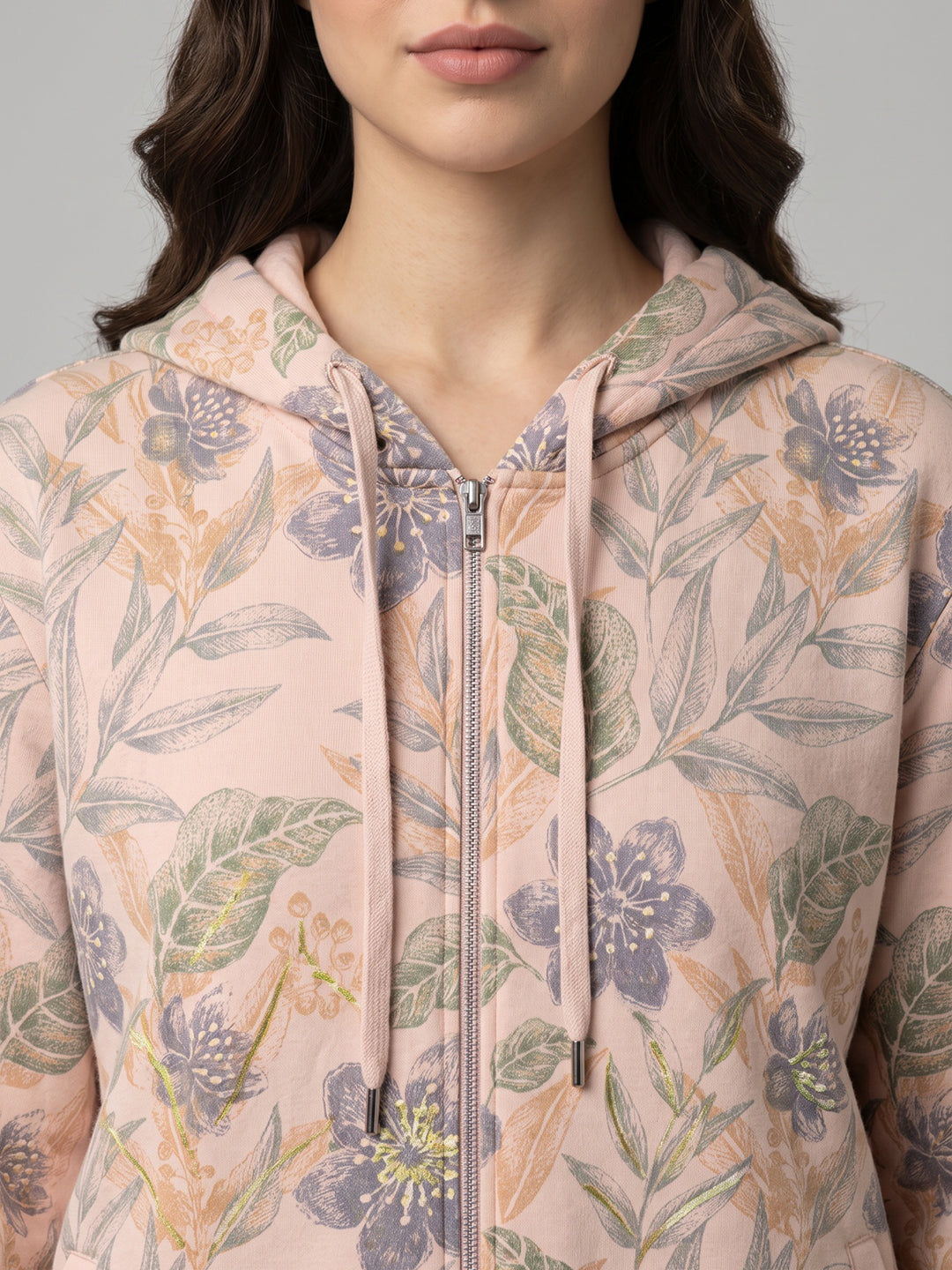 Women Peach Printed Hooded Full Sleeve Sweatshirt