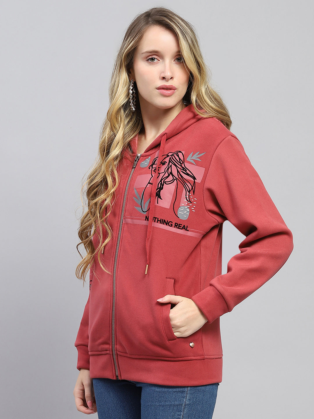 Women Rust Printed Hooded Full Sleeve Sweatshirt