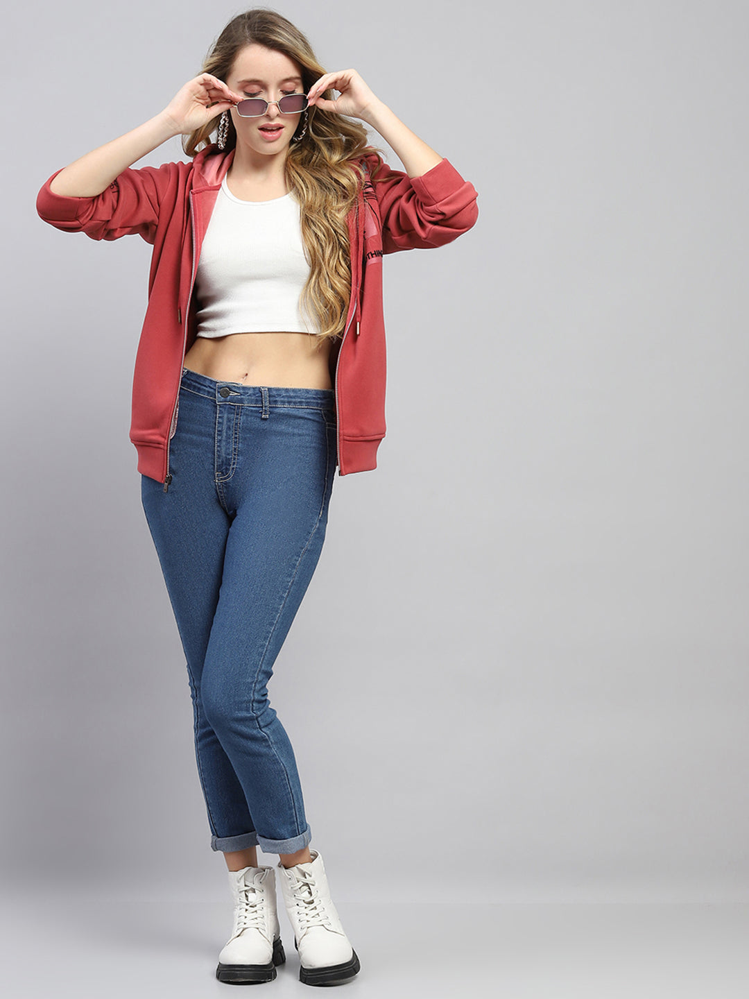 Women Rust Printed Hooded Full Sleeve Sweatshirt