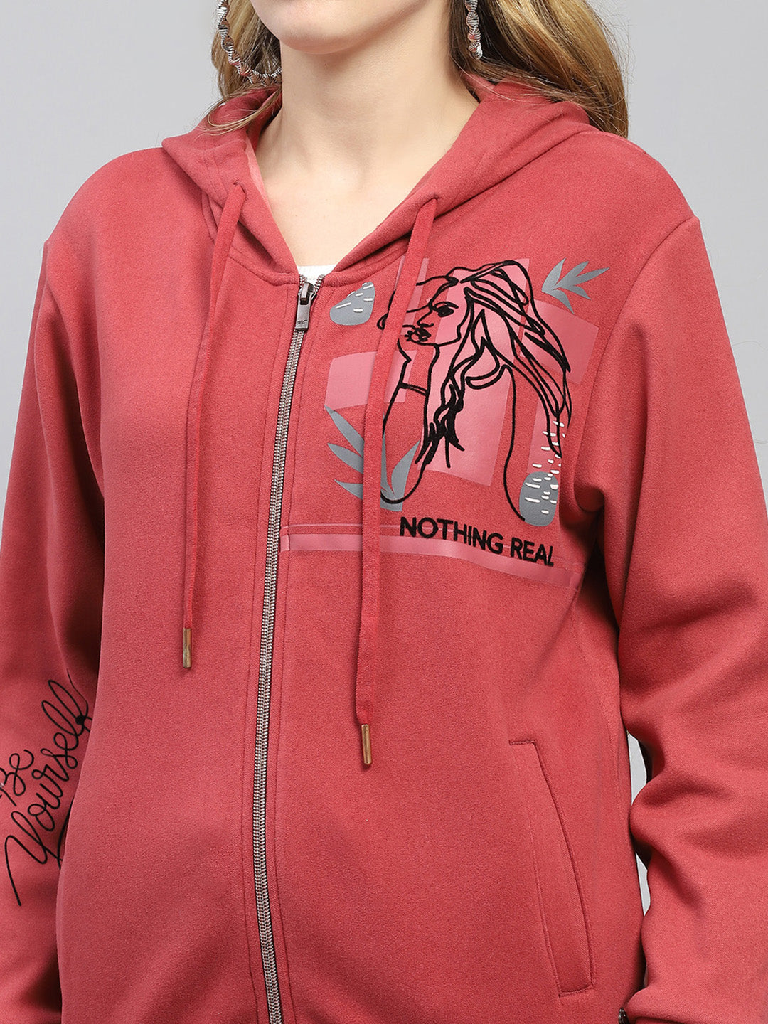 Women Rust Printed Hooded Full Sleeve Sweatshirt