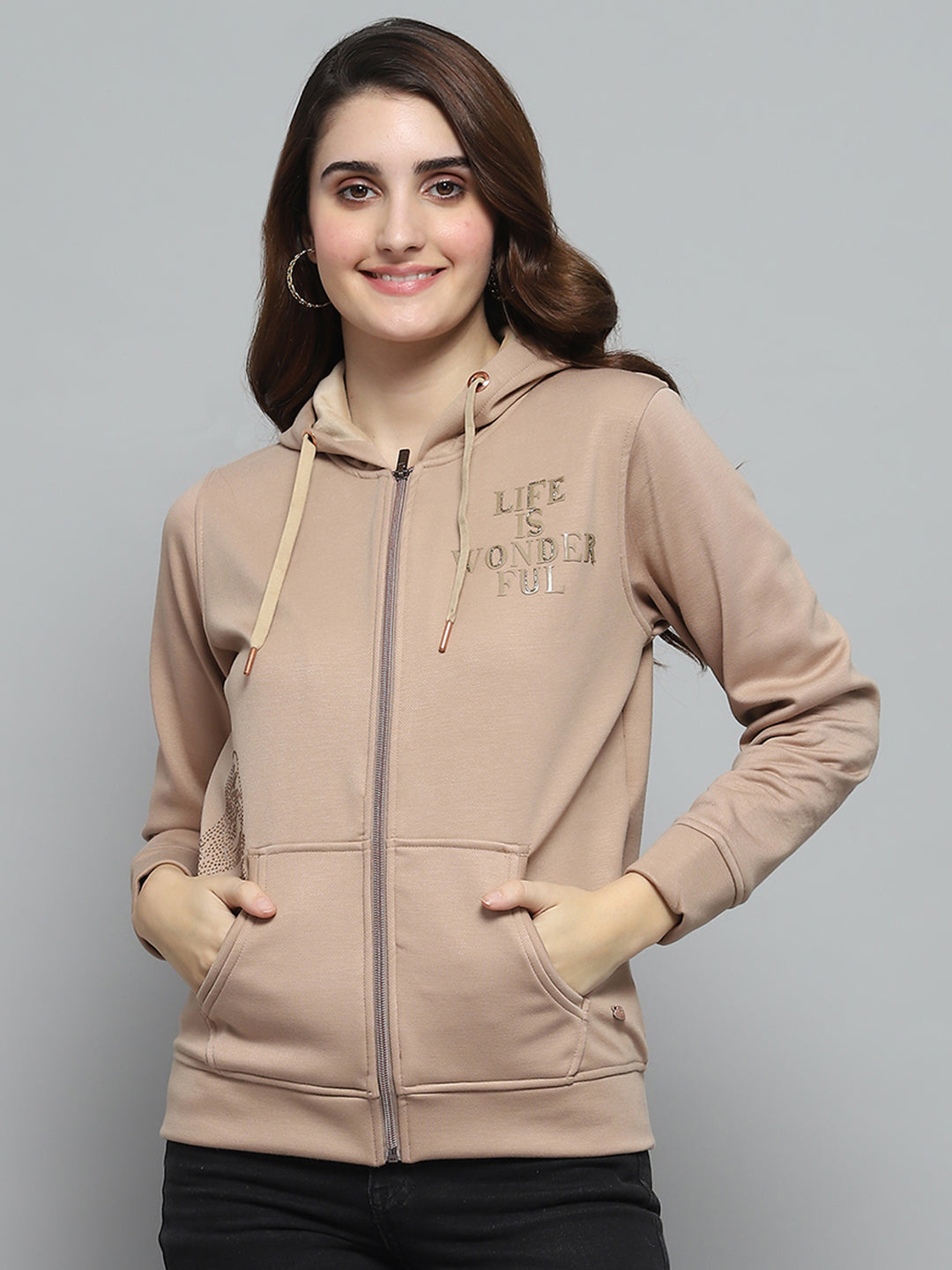 Women Beige Printed Hooded Full Sleeve Sweatshirt