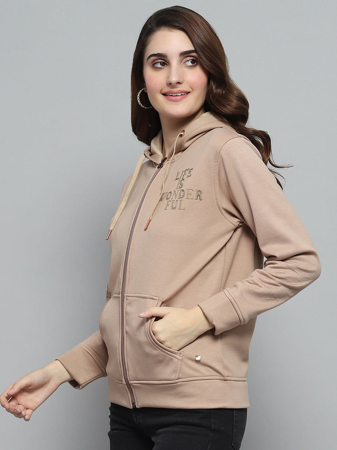 Women Beige Printed Hooded Full Sleeve Sweatshirt