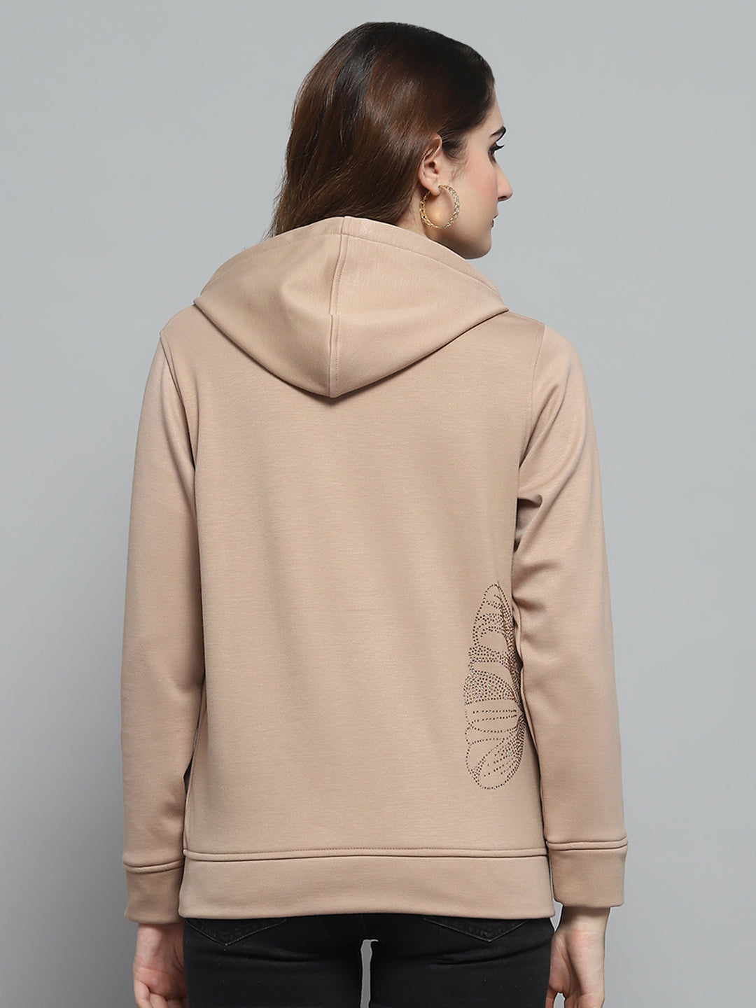 Women Beige Printed Hooded Full Sleeve Sweatshirt