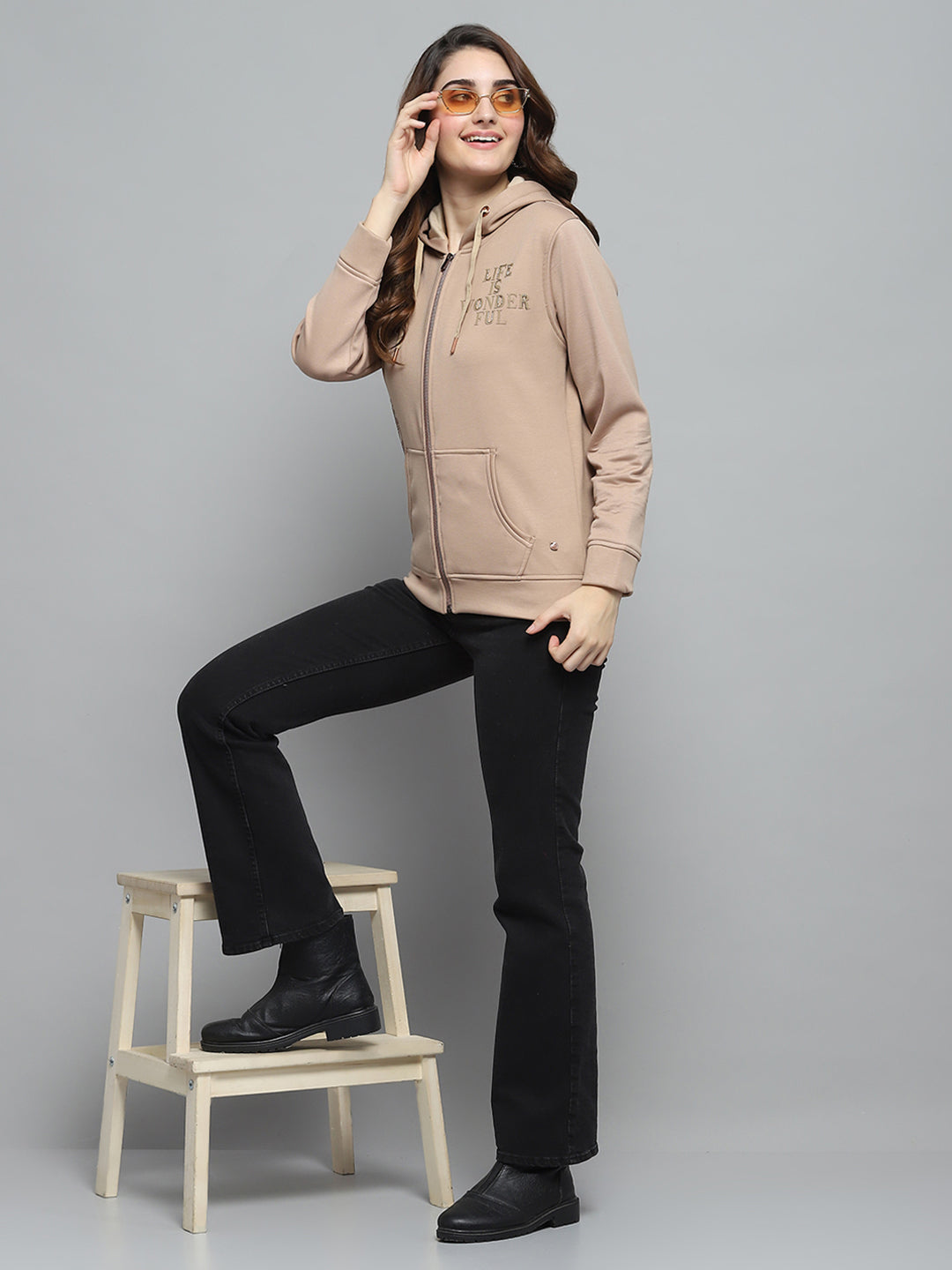 Women Beige Printed Hooded Full Sleeve Sweatshirt