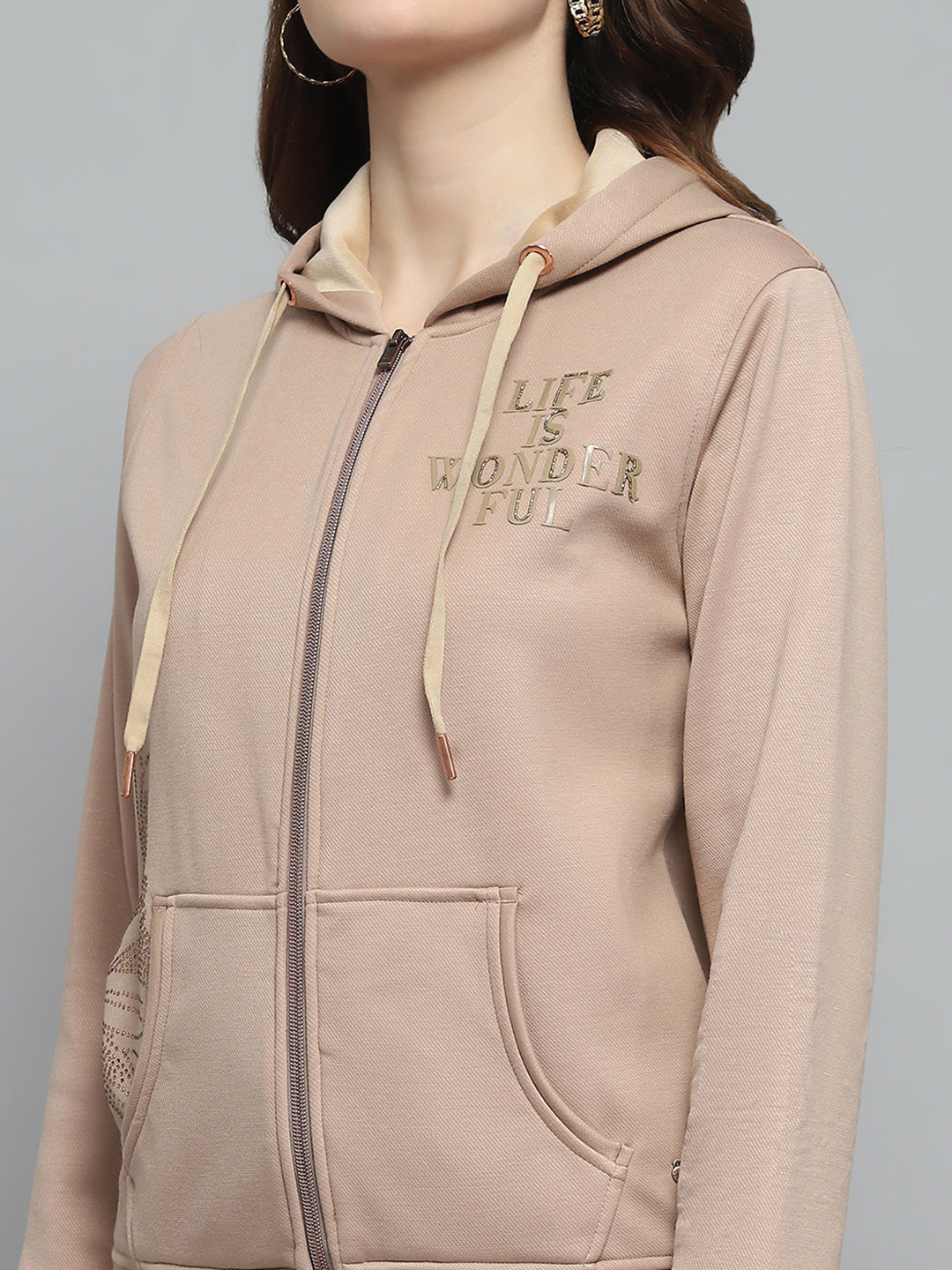 Women Beige Printed Hooded Full Sleeve Sweatshirt