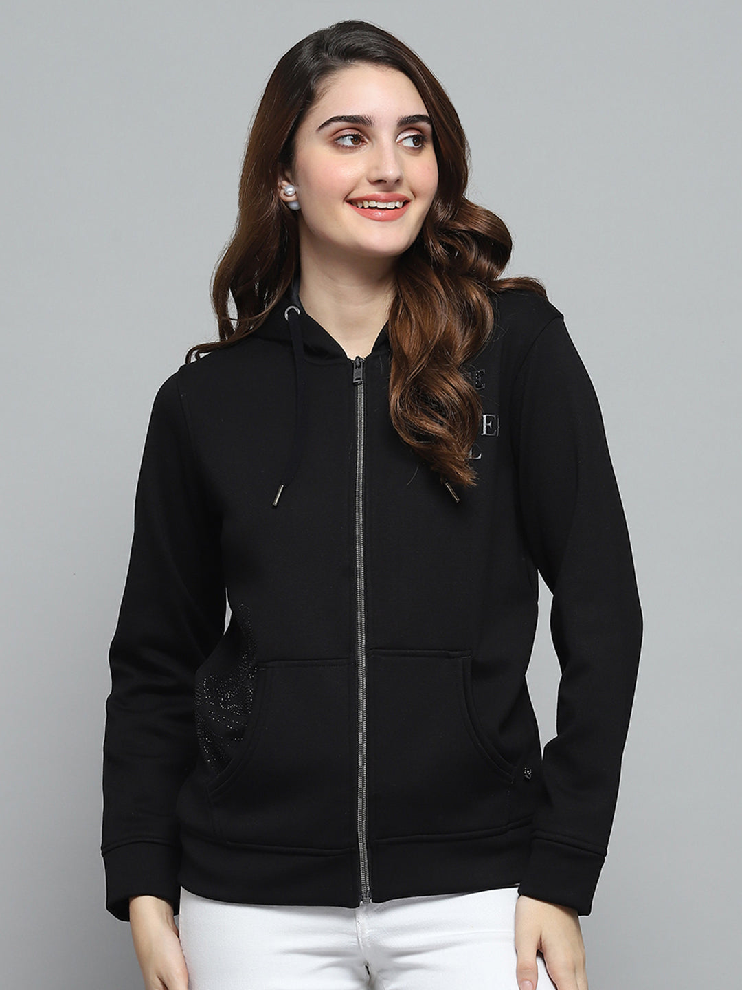 Women Black Printed Hooded Full Sleeve Sweatshirt