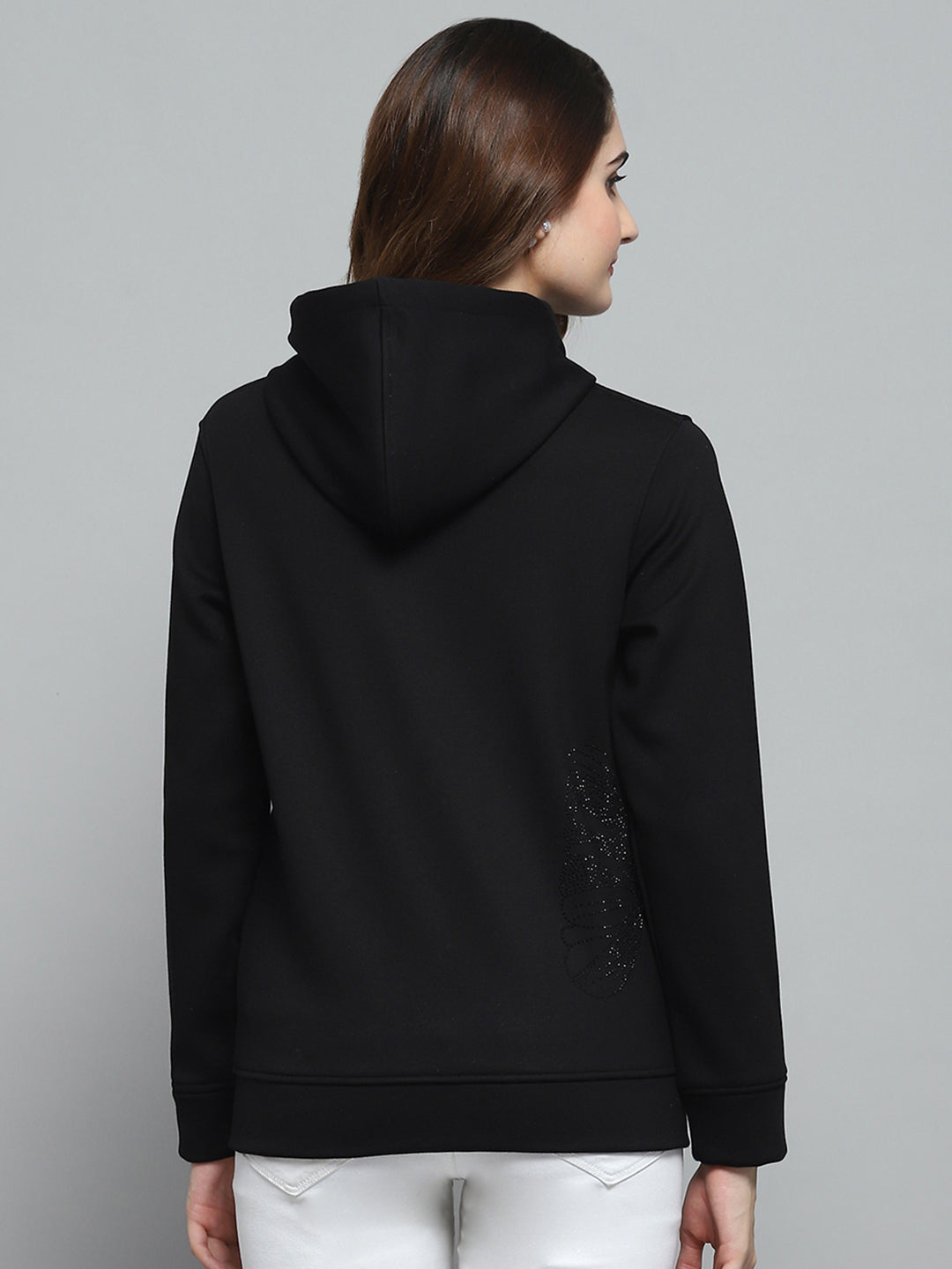 Women Black Printed Hooded Full Sleeve Sweatshirt