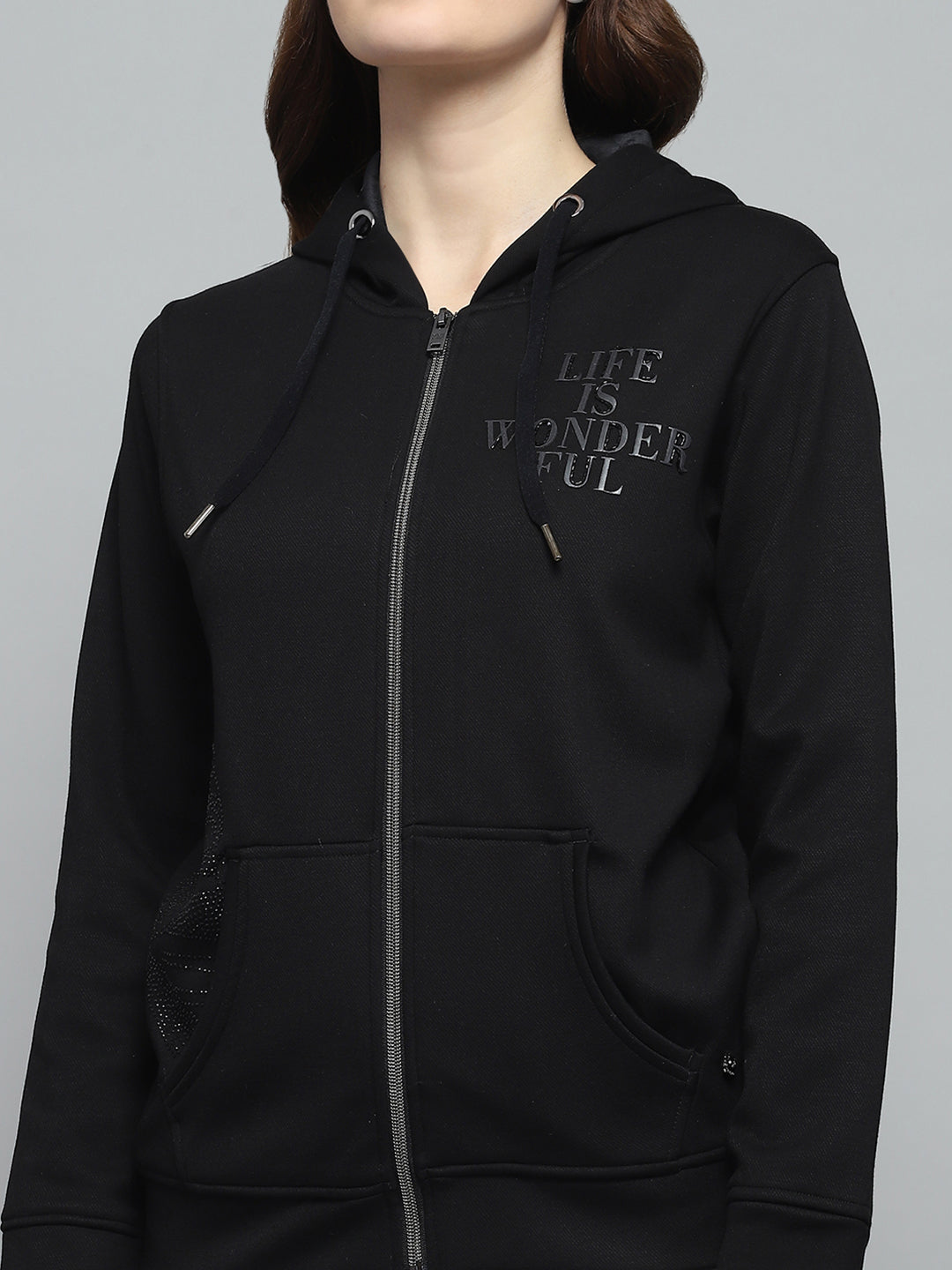 Women Black Printed Hooded Full Sleeve Sweatshirt