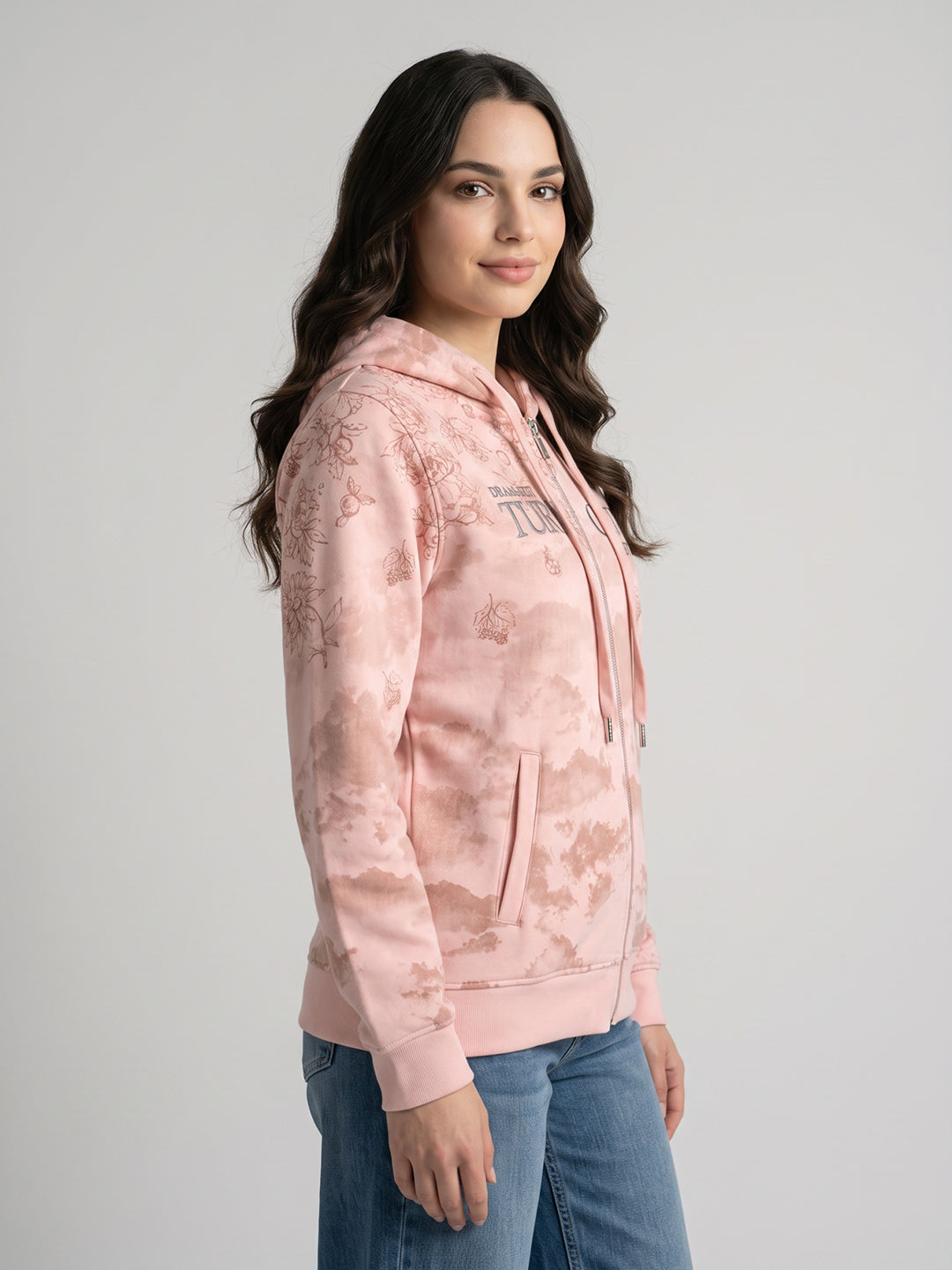 Women Pink Printed Hooded Full Sleeve Sweatshirt