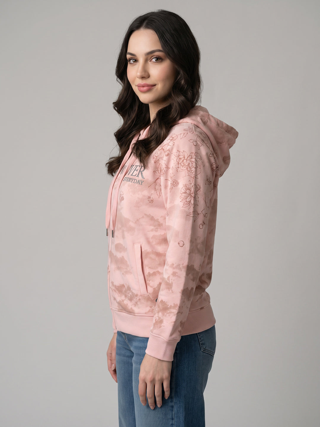 Women Pink Printed Hooded Full Sleeve Sweatshirt