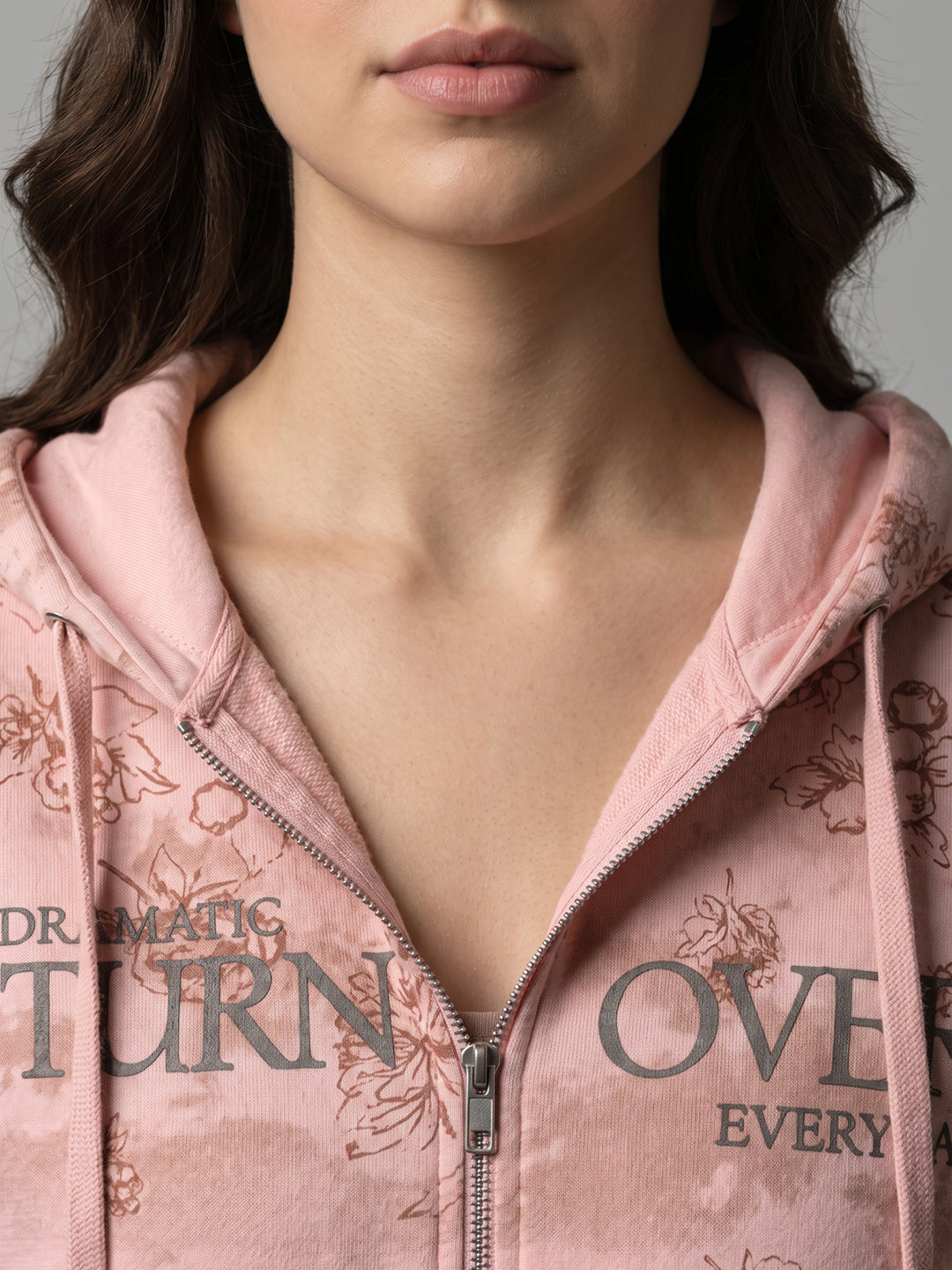 Women Pink Printed Hooded Full Sleeve Sweatshirt
