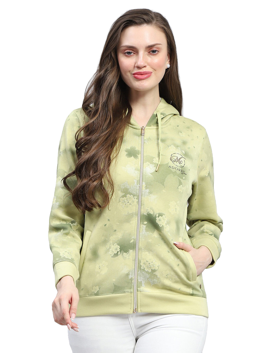 Women Green Printed Hooded Full Sleeve Sweatshirt