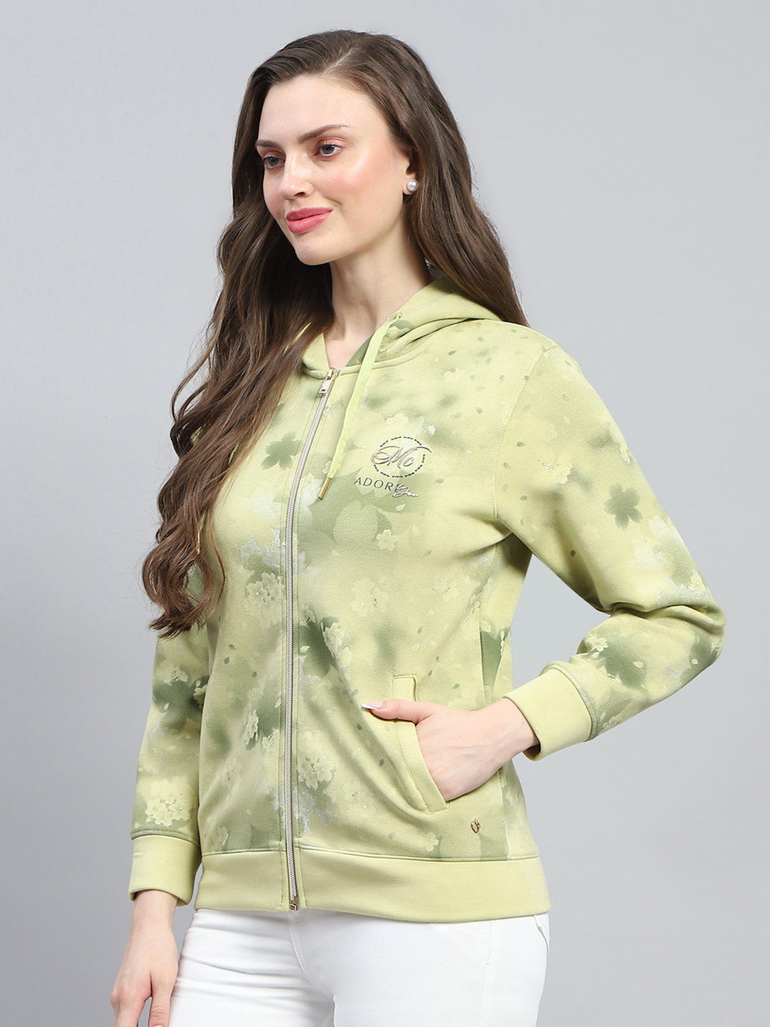Women Green Printed Hooded Full Sleeve Sweatshirt